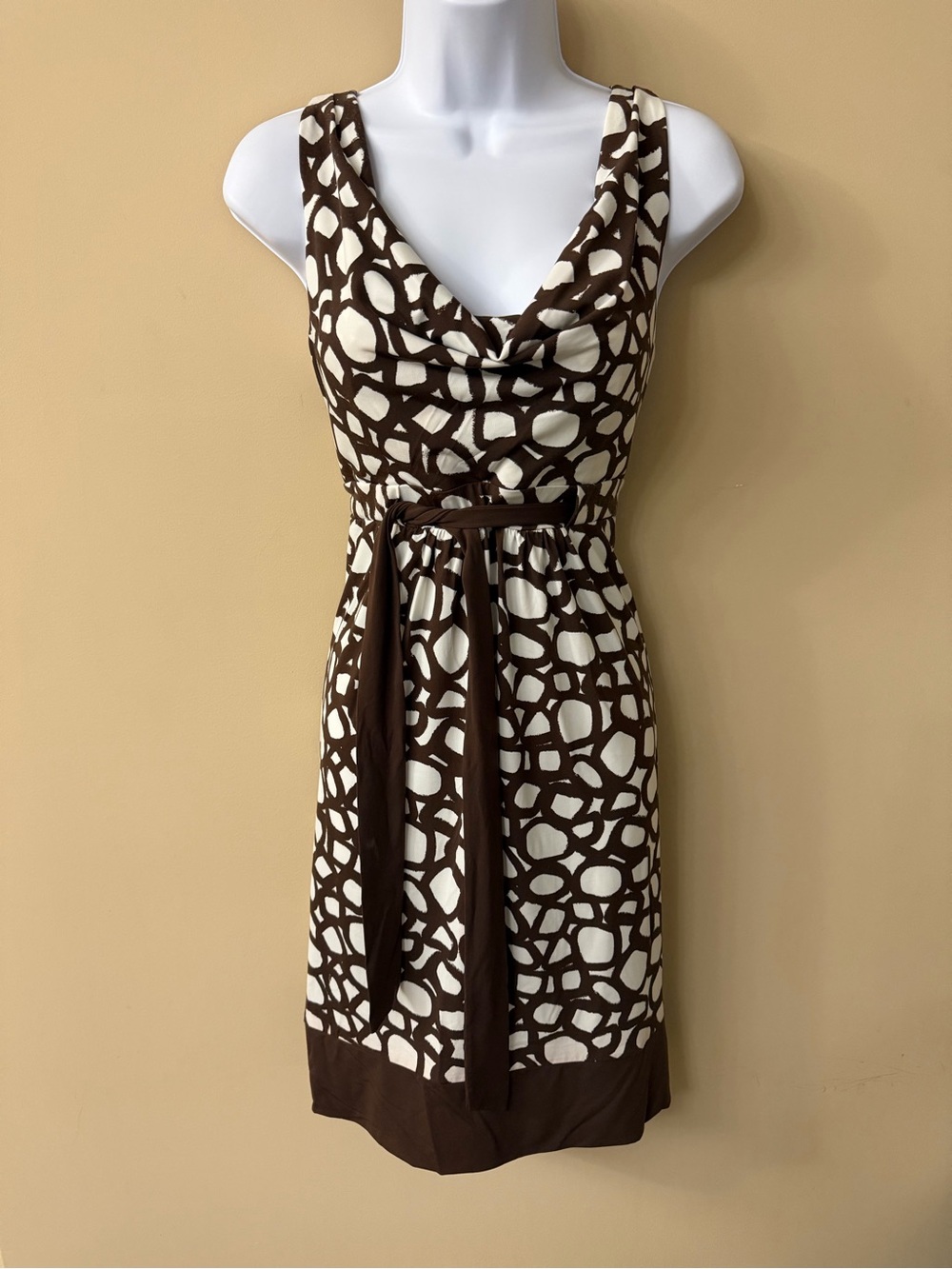 BCBGMAXARIA Brown and cream tie dress with pockets, cowl neck, Size M